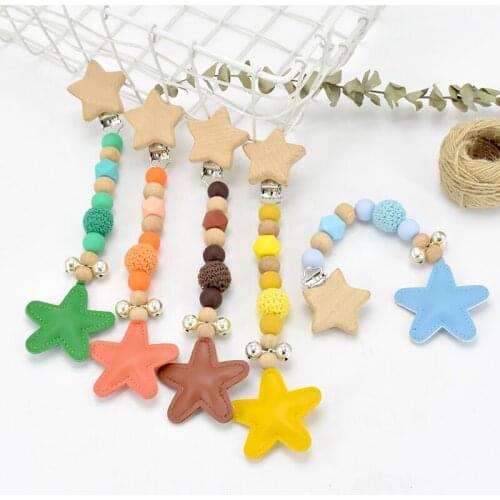 Wooden Teether Baby Play Gym Star Shape Chain Silicone Beads Personalize Dummy Clip Baby Teether Stroller Toys Pram Clip Bell