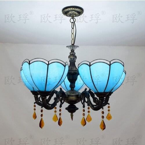 European Mediterranean 5 heads Living room bedroom Crystal Chandelier Tiffany Stained glass RestaurantPendant Lights 110-240V