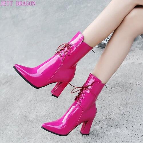 JETT DRAGON 2021 New Women Boots Leather Ankle Boots Fashion Lace Up Square High Heels Boots Autumn Winter Plus Size Shoes 34-43