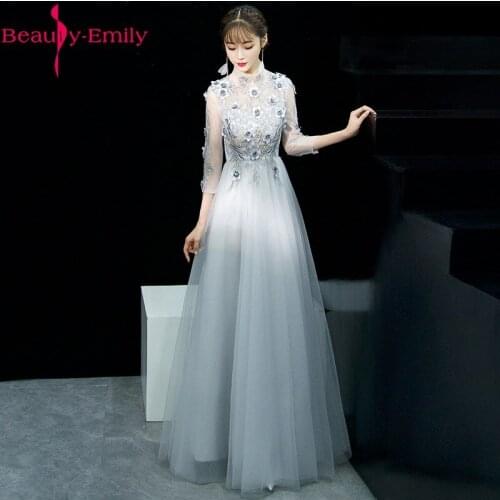 Beauty Emily Sexy Lace Burgundy Evening Dresses 2020 Three Quarter High Neck Party Prom Dresses Elegant Long Evening Party Gowns