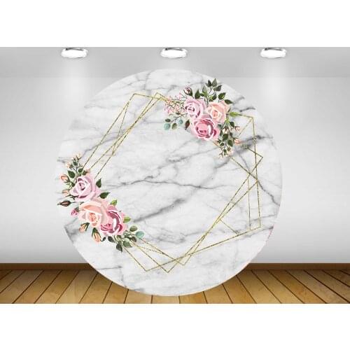 Circle photography backdrop Marble texture pink rose birthday party banner round photo booth background dessert cake table vinyl