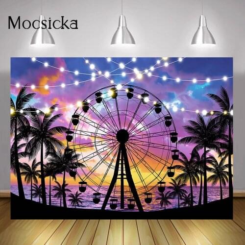 Summer Beach Ferris Wheel Backdrop Tropical Seaside Palm Tree Sunset Photo Background Festival Party Decorations Photography