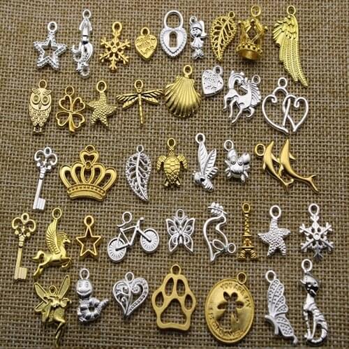 20pcs Mixed Style Metal Key Owls Crown Heart Shell Charms Pendants for Bracelet Jewelry Making DIY Gold Silver Craft Accessories