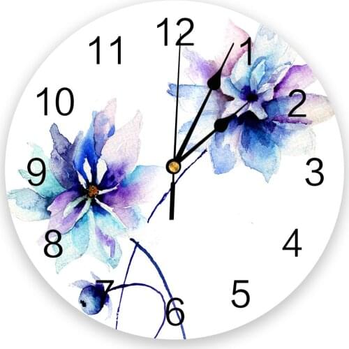Watercolor Flower Blue White 3d Wall Clock Modern Design Farmhouse Decor Kitchen Vintage PVC Round Clock Living Room Decoration