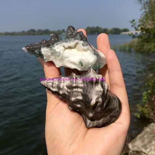 Natural Moss Agate Shell Carved Crystal Conch Quartz Figurine Healing Crystals Feng Shui Aesthetic Room Decor Reiki Luck Gifts