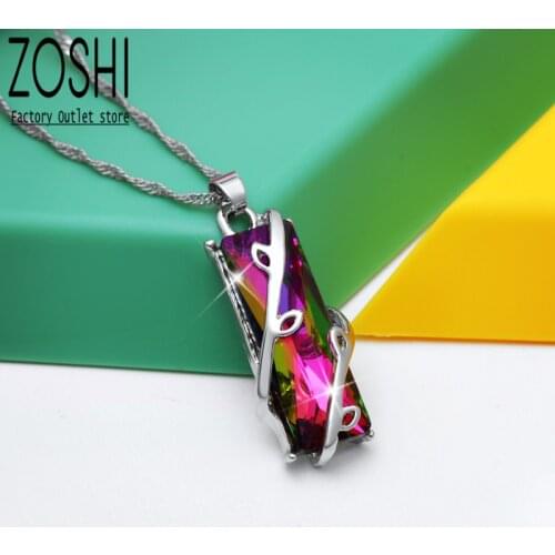 Leaf Branch Rainbow Mystic CZ Stone Necklace Charm Natural Fire Rectangle Pendant Crystal Necklace Vintage Fashion Women Jewelry