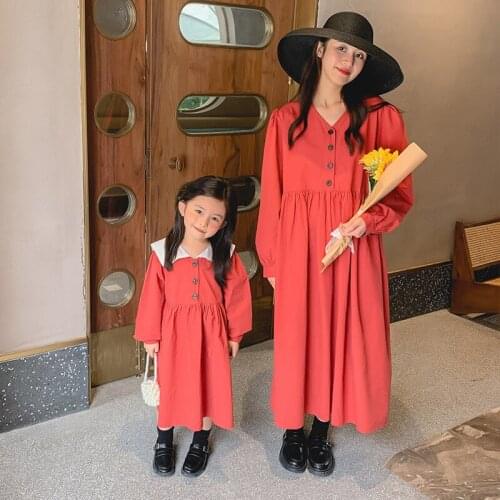Mommy And Me Matching Dresses Fashion Korean Solid Puff Sleeve Dress For Mom And Daughter 2020 Autumn Mom Baby Clothes
