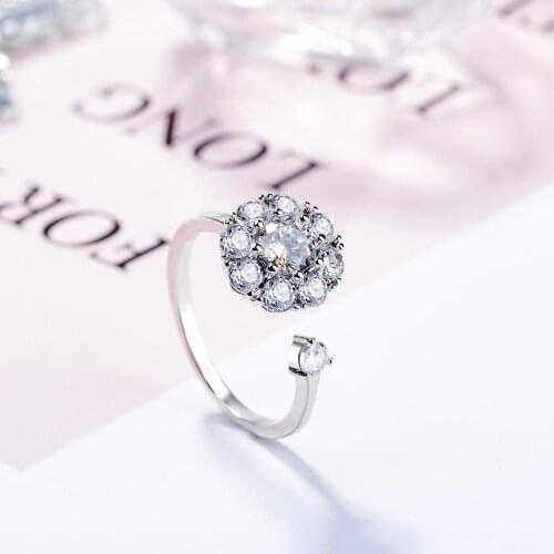 Real Silver Color Sparkling Rotate Ring Clear CZ Crystal OPENING Finger Ring for Women Wedding Engagement Jewelry