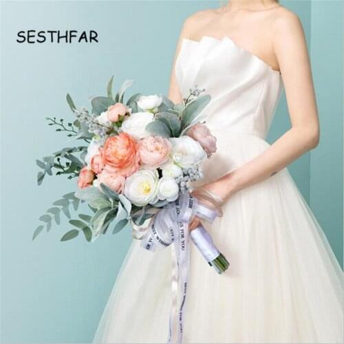 Luxurious Wedding Pink Bridal Bouquet Peony Flower Artificial Bridesmaid Bouquet Wedding Bouquet Accessories Bruidsboeket