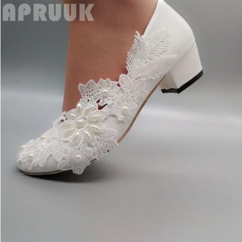 4CM block square heel lace pearls wedding shoes bride sweet designer bridal ladies bridesmaid white lace ivory pearl bride shoe