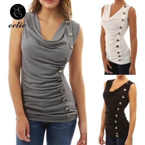 Elegant T Shirt Side Big Buttons Decorative Pleated Sleeveless Tshirt Solid Color Slim Fit Top Deep V Neck T Shirt For Women 3xl