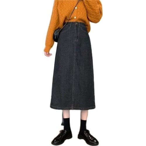 Black Denim Skirt Half-Length Female Spring And Autumn Mid-Length Hip Skirt High Waist A-Line Split Long Skirts BSQ229