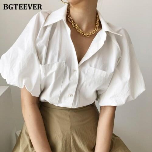 BGTEEVER Summer Vintage Women Lapel Shirts Puff Short Sleeve Loose Pockets Ladies Shirts 2021 Casual Female Solid Tops Blusas