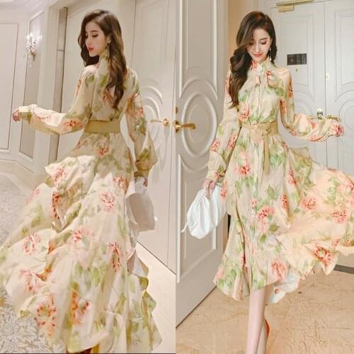 Palace Style Printed Dresses Spring Autumn 2021 New Women Elegant Western Style Ruffled Irregular Office Lady Polyester Y550