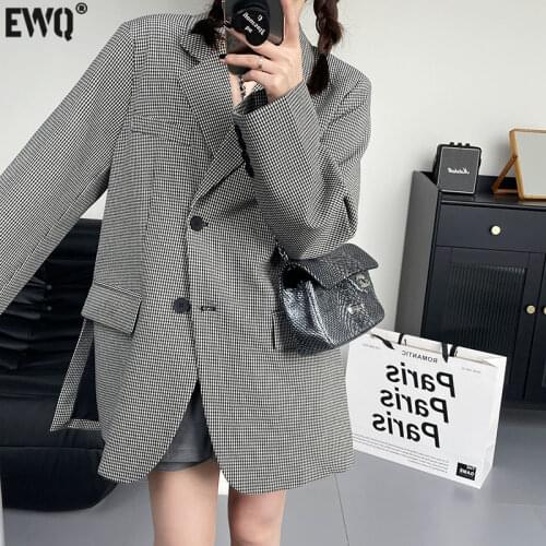[EWQ] Korea Chic Temperament Plaid Blazer Womens Autumn 2021 New Notched Loose Single Breasted Split Long Sleeve Suit Jacket