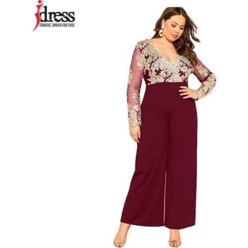 IDress Plus Size XXXL Jumpsuit Women Mesh Stitching Long Sleeve V-neck Lace Wide Leg Bodysuit 2020 Elegant Jump Suit Body Mujer