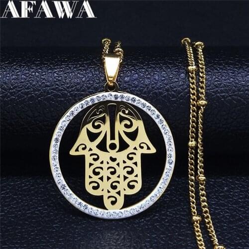 Crystal Stainless Steel Necklace Women Gold Color Islam Hamsa Hand Charm Necklace Jewelry collares de acero inoxida NXS02