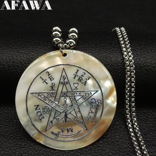 2021 Fashion Wicca Pentagram Shell Stainless Steel Chain Necklace Women Silver Color Big Round Necklace Jewelry colgante N18644