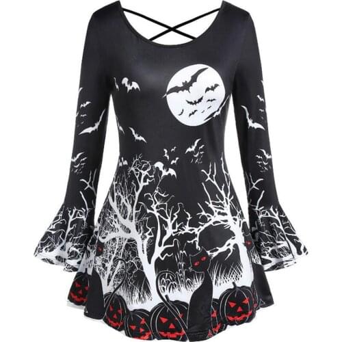 Halloween Plus Size Dresses Women Clothes Flare Sleeve Cosplay Witch Dress Pumpkin Printing Lace Party Evening Dresses disfraz