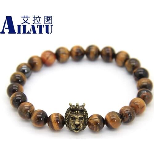 Ailatu Pure Natural Tiger Eye Stone Men Beaded Crown Lion Head Bracelet for Who Are Powerful