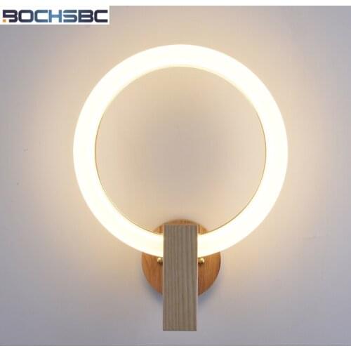 BOCHSBC Acrylic Ring Wall Lamp Light Fixtures Solid Wooden Base Nordic Modern Lights For Bedroom Living Room Dining Room Lamps