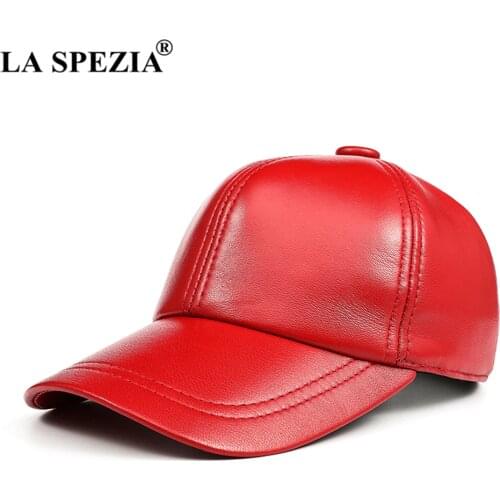 LA SPEZIA Baseball Cap Genuine Leather Solid Red Caps for Men Women Real Sheepskin Adjustable Unisex Spring Autumn Dad Hats
