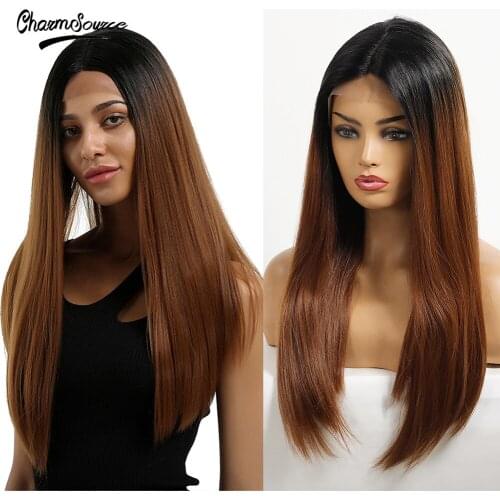 CharmSource Long Straight Lace Front Synthetic Wigs Ombre Brown Center Parting Wig for Black White Women Wedding Lace Hair