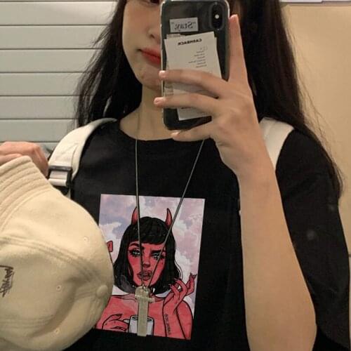 Ulzzang Pink Cute Devil Girl Print Tops Women T-shirt Casual Loose Summer Japan Chic Vintage Harajuku Demon Cartoon INS Clothing