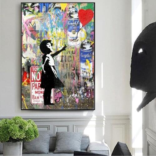 Girl Holding A Balloon Canvas Paintings Modern Street Art Wall Graffiti Art Prints On The Wall Pictures Kids Room Decoration