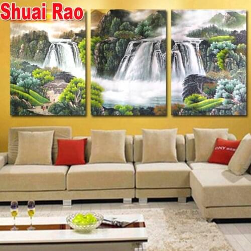 Chinese Waterfall diamond painting full Square,Resin Round diamond embroidery Landscape Mountain mosaic art diamond 3 piece