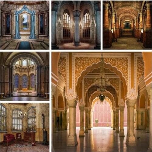 Laeacco Vintage Palace Pillars Arch Corridor Chandelier Photography Backgrounds Grunge Portrait Backdrops For Photo Studio Props