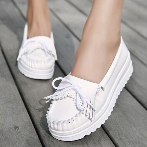 2020 Cowhide Easy Wear Shoes Womens Korean-Style Platform Tassel Shoes Womens Platform Heel Casual Mom Shoes
