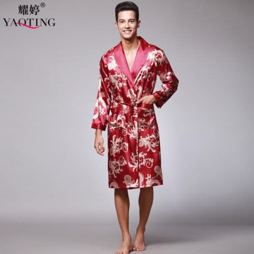 Summer men rayon silk geometric pattern turn down medium long robe
