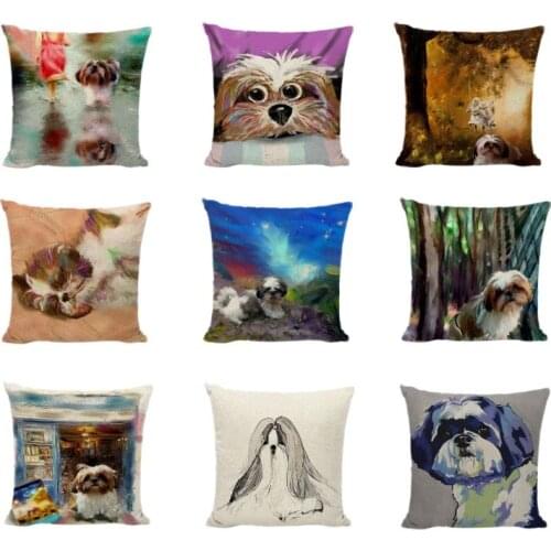 Lovely Shih Tzu Series Cushion Covers Oil Painting Childlike Cute Dog Printed Throw Pillow Cover Home Decor Sofa Seat Pillowcase