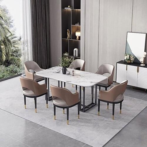 Rock slab dining table home small apartment modern minimalist light luxury rectangular stainless steel marble dining table