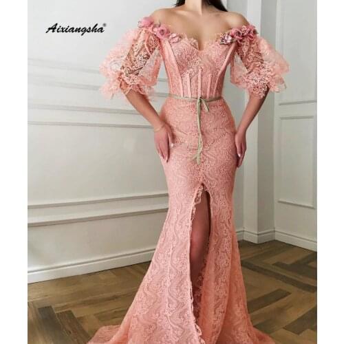 Muslim Blush Long Evening Dress Off The Shoulder Half-Sleeve 3D Flower Lace Mermaid Evening Dresses Vestido de festa Longo