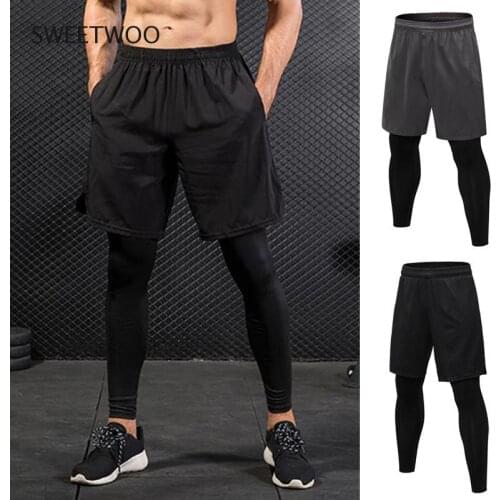 Men Sports Shorts 2 In 1 Training Running Tight Pants for Workout Gym Riding Shorts Legging Elastic Jogging Tights Sweetwoo