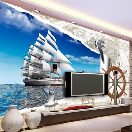 Wellyu Custom Wallpaper European Map 3d Roman Rudder Wheel Sailing Seagull TV Background Wall papel de parede mural 3d wallpaper