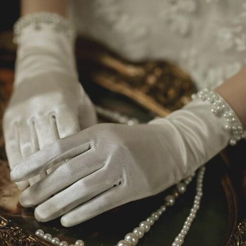 Womens Summer Thin Short Satin Elastic Etiquette Dress Gloves Elegant Pearl Lace Bow UV Sunscreen Cycling Driving Mittens K69