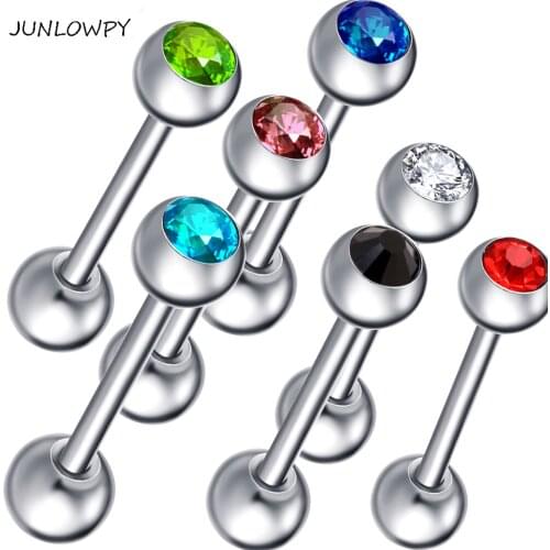 JUNLOWPY Mix 10 Colors Single Crystal Ear Stud Tongue Rings Barbell Nipple Bar Tragus Earring Helix Piercing Body Jewelry 100pcs