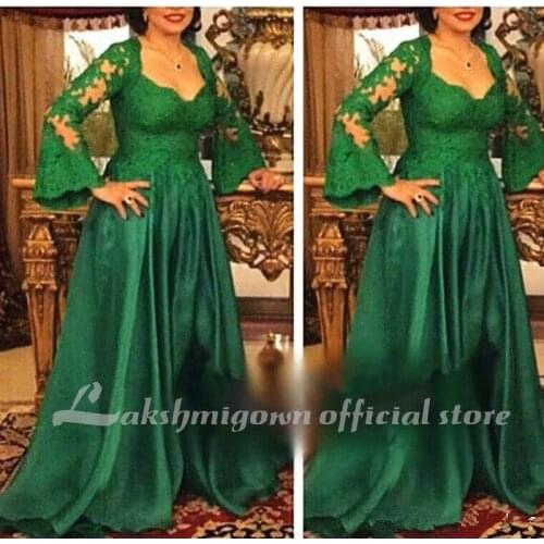 Dark Green Mother of the Bride Dress Long Sleeve Lace Satin Mother of Groom Wedding Party Prom Evening Gowns Floor Length
