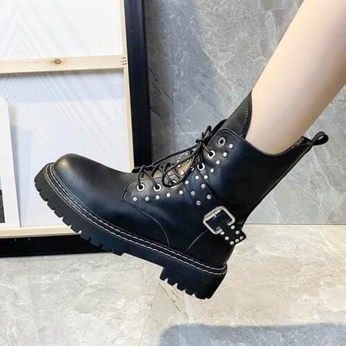 2022 new ankle boots for women Spring/Autumn Round Toe Lace-Up Low Rivets womens boots zapatos de mujer platform boots