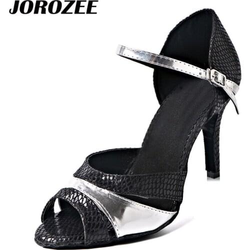 JOROZEE Latin Dance Shoes Women Black Silver Serpentine PU Salsa Squre Ballroom Dancing Shoes High Thin Heel 8.5cm Soft Outsole