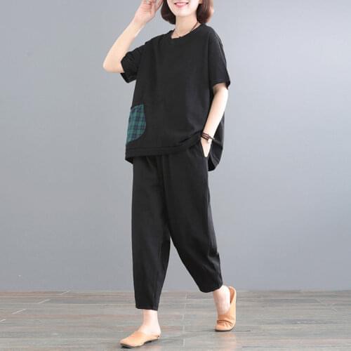 2 Piece Sets Womens Outfits 2020 Summer Sport Short Sleeve Tracksuit Cotton O Neck Black Two Piece Pants Set Plus Size 5XL W223