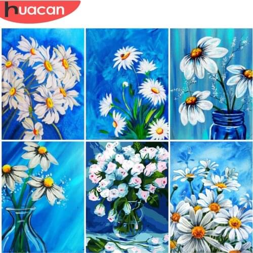 HUACAN Full Drill Diamond Painting White Daisy Flowers Embroidery Cross Stitch Decoration Painting With Diamonds Wall Art