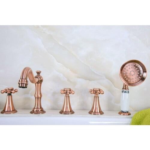Antique Red Copper Brass Widespread Three Handles Deck Mounted 5 Holes Bathroom Tub Faucet Mixer Tap With Handshower mtf215