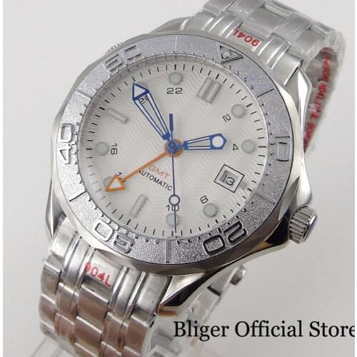 BLIGER GMT Self Winding Men Watch MINGZHU 3804 Date Magnifier Steel Bracelet Alloy Insert Screwdown Crown Scratchproof Sapphire