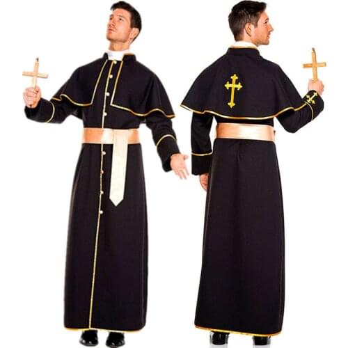 Black Classic Priest Costume Purim Halloween Adults Man Pope Robe Godfather Missionary Masquerade Party Cosplay Clothing