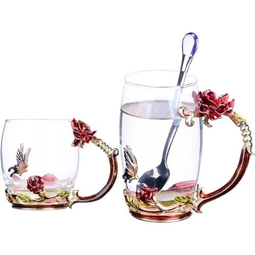 Enamel Color Crystal Glass Mug Rose Flower Butterfly Handgrip and Rhinestones Decorated Design Drinking Glass Cups Lovers Gift