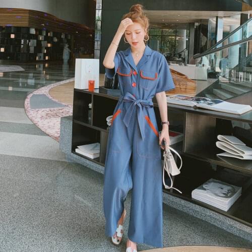 Summer Short Sleeve Bandage Jumpsuit Women Fashion Korean Slim Casual Wide Leg One Piece Pants Sets Overalls Elegant Streetwear